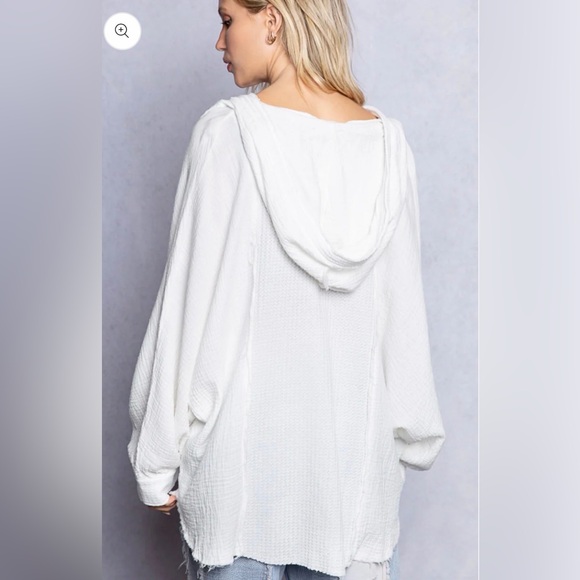 POL Those Girls Half Button Embroidered Gauze Hoodie Top - Picture 4 of 6